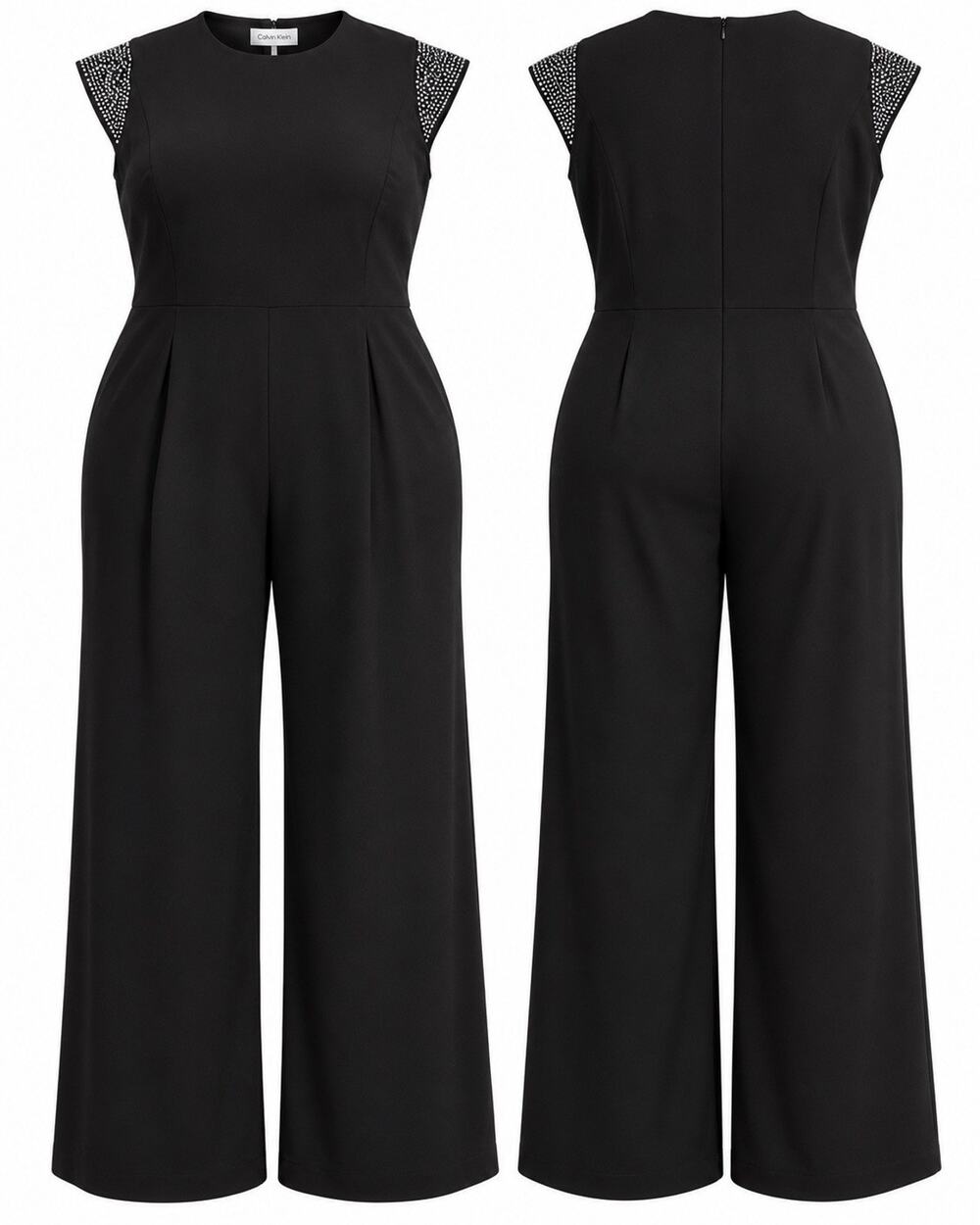Calvin Klein Women 18W Black Wide Leg Jumpsuit Rhinestone Cap Sleeve NWT